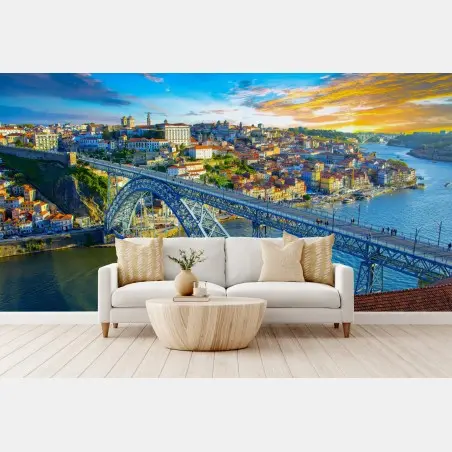 Wall mural sunlit Porto bridge cityscape at sunset • Wallissimo®