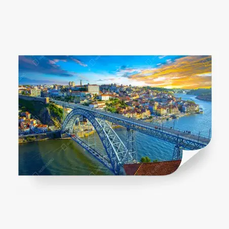 Wall mural sunlit Porto bridge cityscape at sunset • Wallissimo®