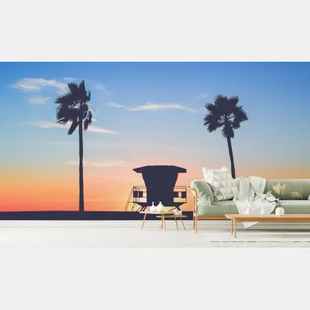 Wall mural sunset silhouette at the beach • Wallissimo®