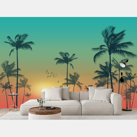 Wall mural tropical sunset palms silhouette • Wallissimo®
