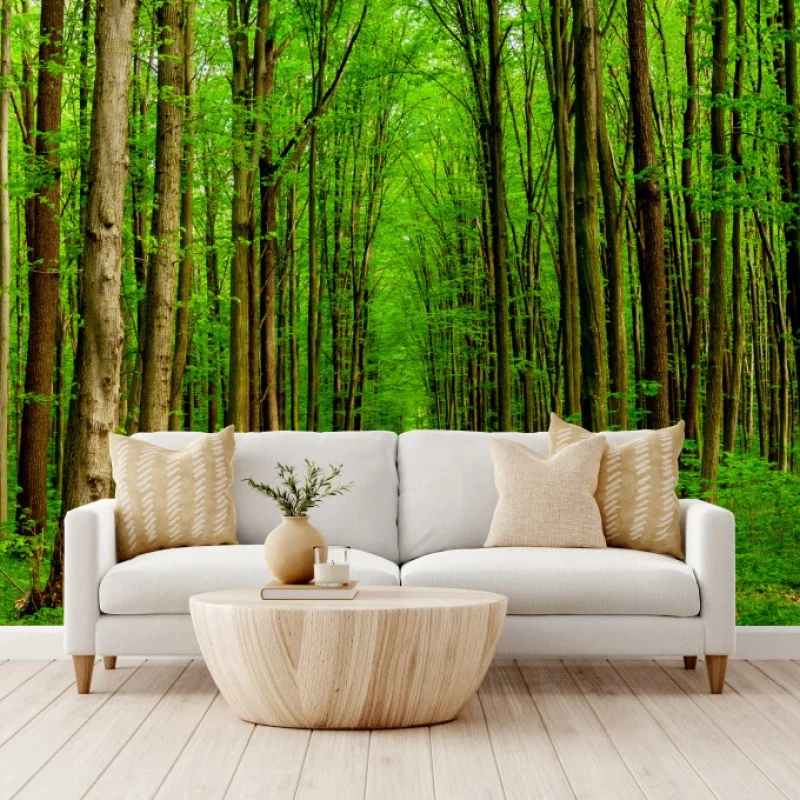 Wall mural green forest pathway in spring