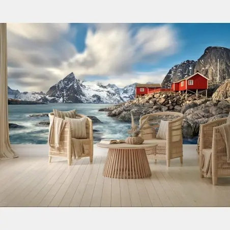 Wall mural red cabins by snowy coastal mountains • Wallissimo®