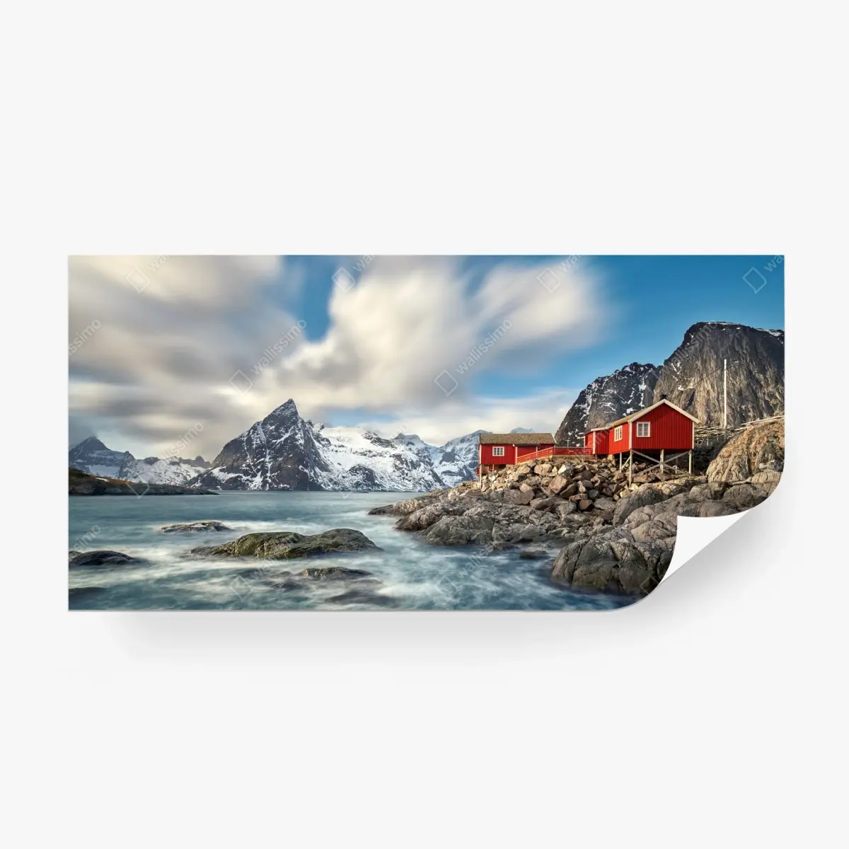 Wall mural red cabins by snowy coastal mountains • Wallissimo®