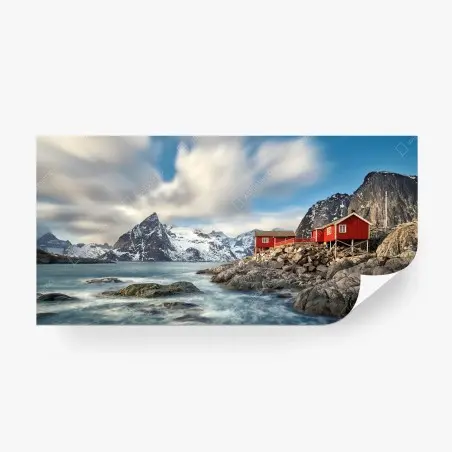 Wall mural red cabins by snowy coastal mountains • Wallissimo®