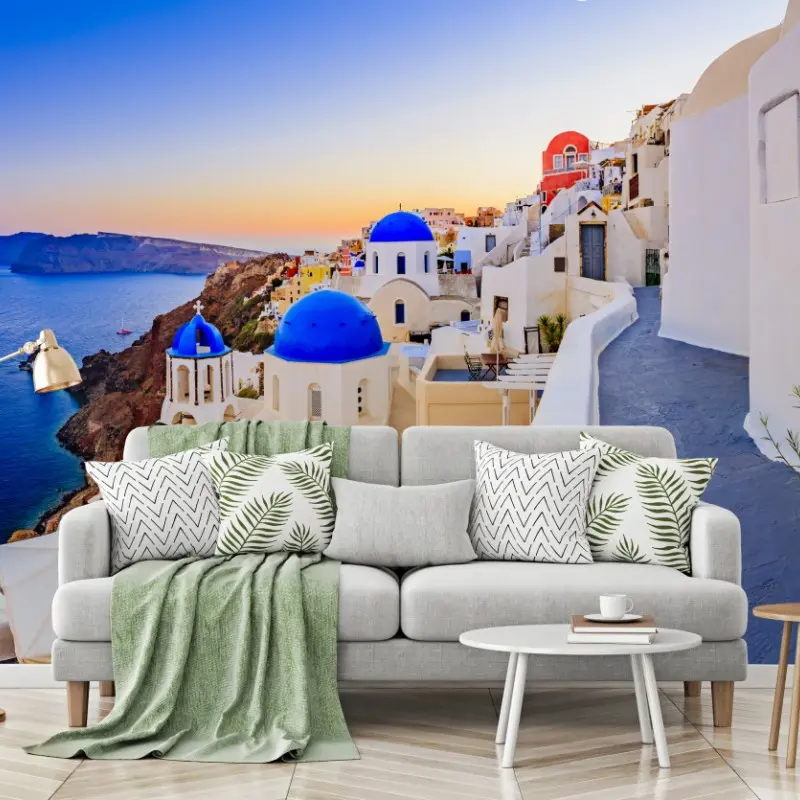 Wall mural Santorini sunset over blue domes