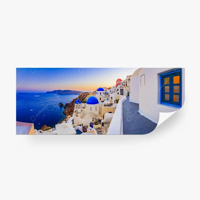 Wall mural Santorini sunset over blue domes