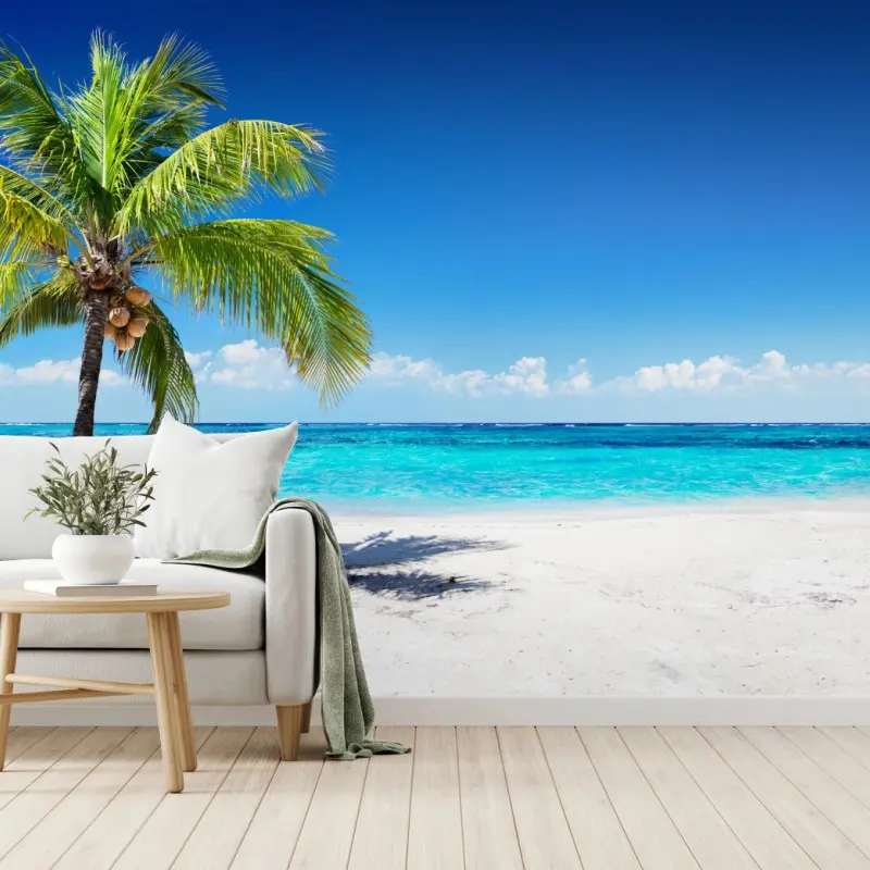 Wall mural tropical palm on a turquoise beach