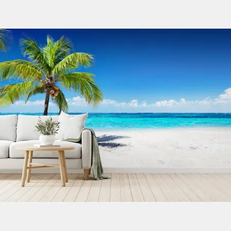 Wall mural tropical palm on a turquoise beach • Wallissimo®