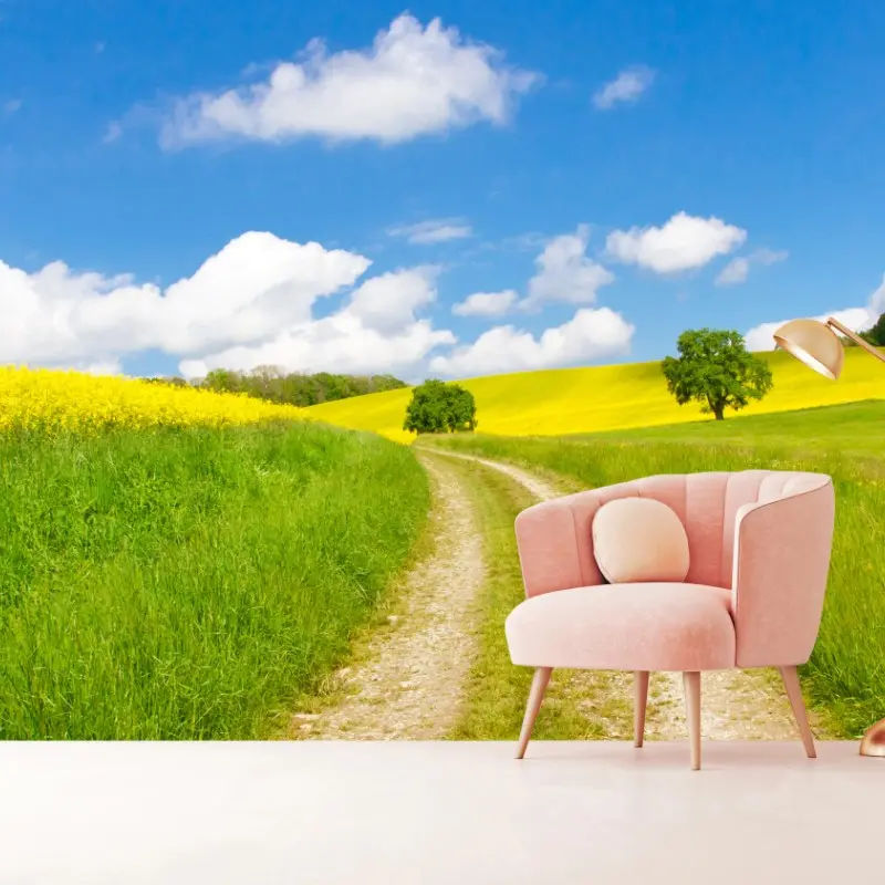 Wall mural sunny country lane through yellow fields