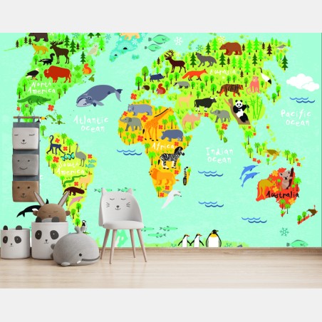 Wall mural colorful animal world map • Wallissimo®