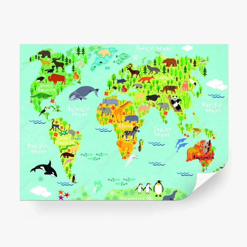 Wall mural colorful animal world map