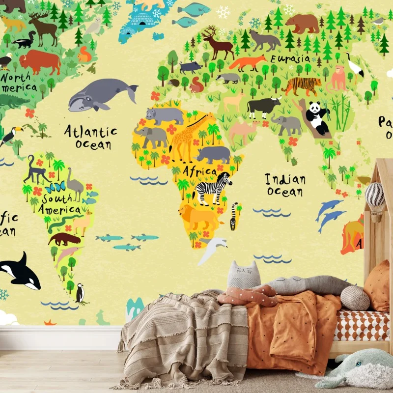 Wall mural colorful world animals map