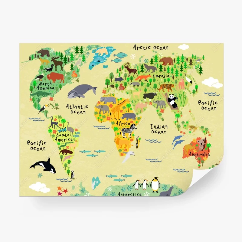 Wall mural colorful world animals map