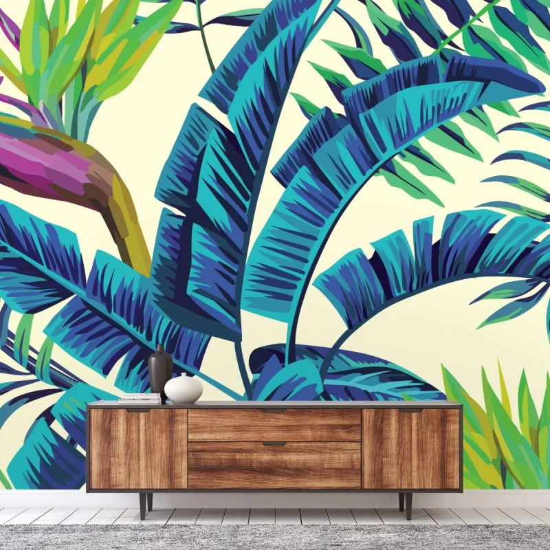 Wall mural tropical turquoise leaf design ⁕ Wallissimo® Wall mural tropical turquoise leaf design ⁕ Wallissimo®