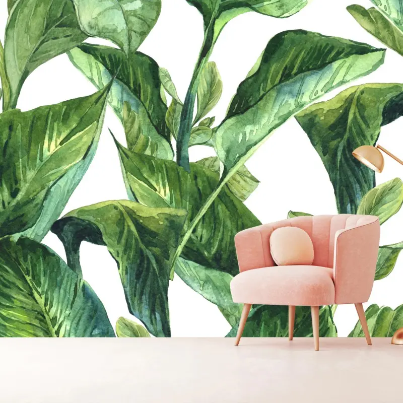 Wall mural lush watercolor tropical leaves pattern