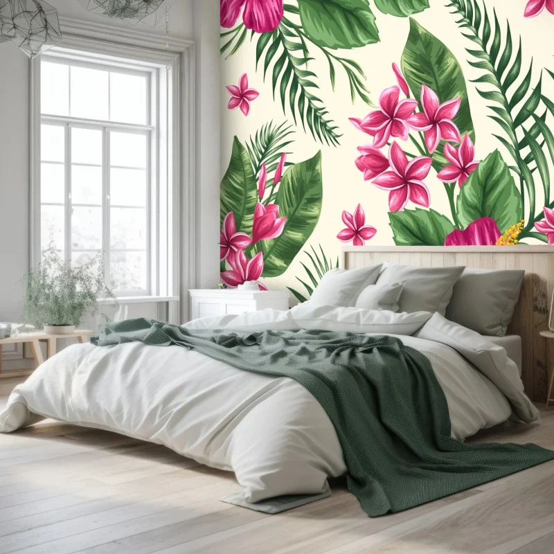 Wall mural tropical pink hibiscus floral pattern