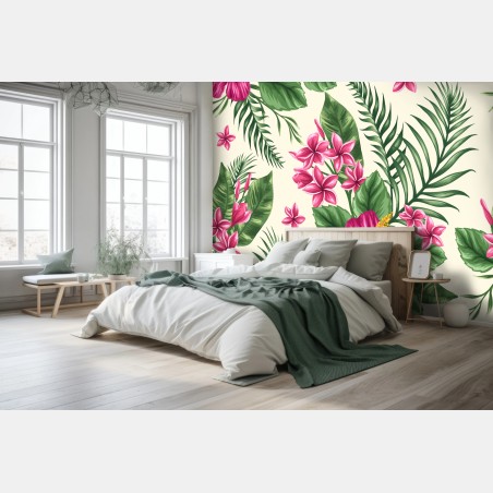 Wall mural tropical pink hibiscus floral pattern • Wallissimo®