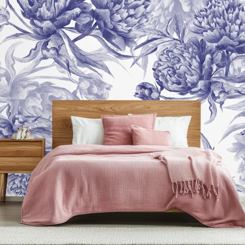 Wall mural blue peony floral pattern