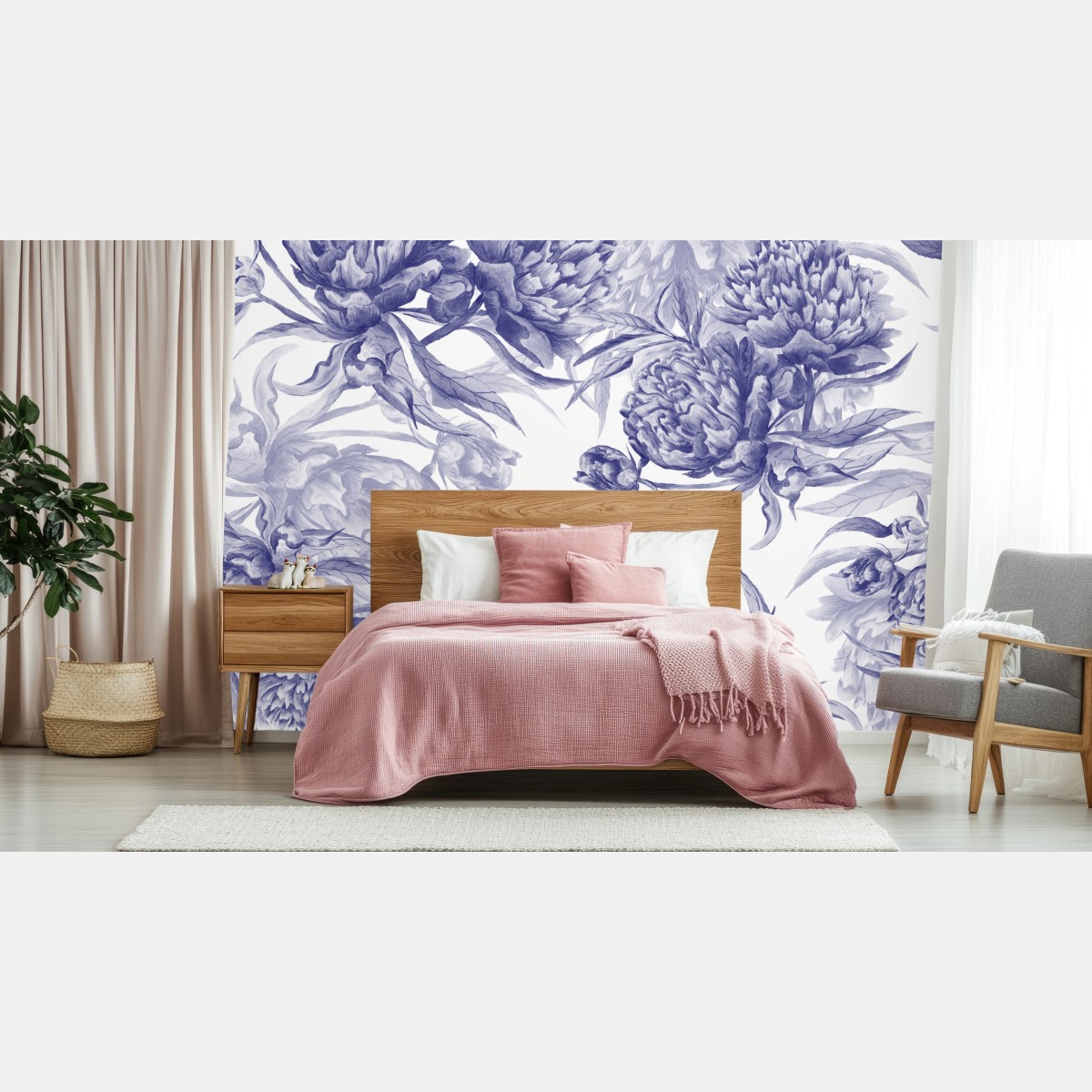 Wall mural blue peony floral pattern • Wallissimo®