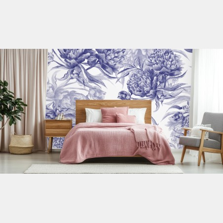 Wall mural blue peony floral pattern • Wallissimo®