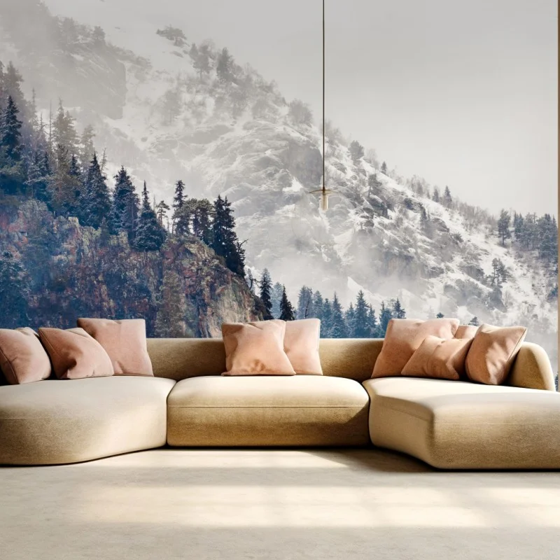 Wall mural misty mountain cliff with pine forest