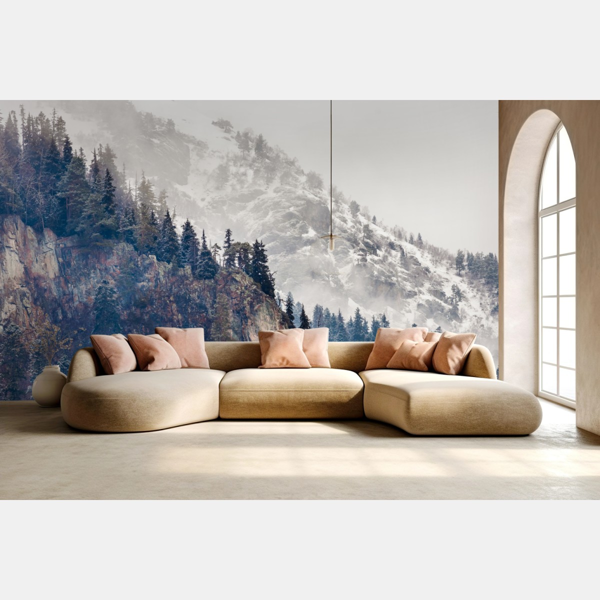 Wall mural misty mountain cliff with pine forest • Wallissimo®