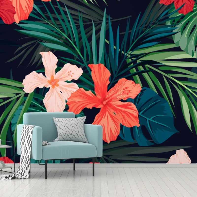 Wall mural tropical hibiscus botanical pattern