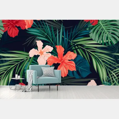 Wall mural tropical hibiscus botanical pattern • Wallissimo®