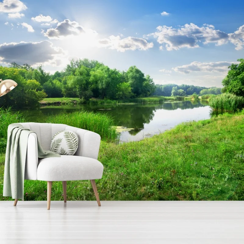 Wall mural sunlit riverside meadow ⁕ Wallissimo® Wall mural sunlit riverside meadow ⁕ Wallissimo®