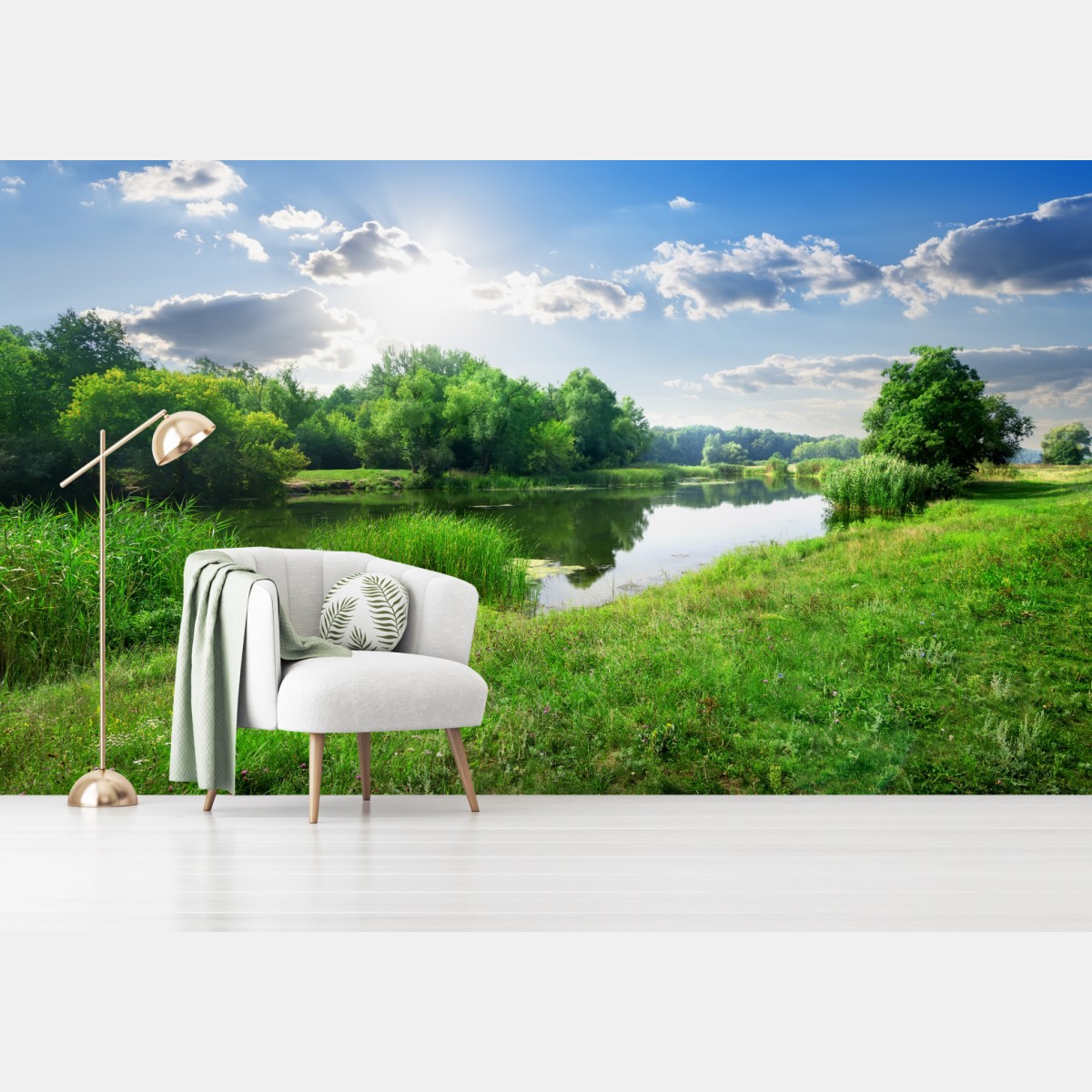 Wall mural sunlit riverside meadow • Wallissimo®