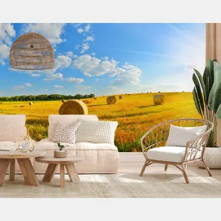Wall mural golden hayfield under blue sky • Wallissimo®