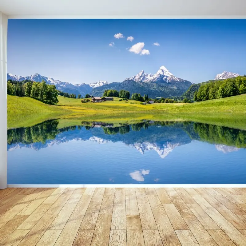 Wall mural alpine peaks reflected in a tranquil lake • Wallissimo®