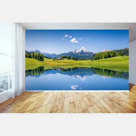 Wall mural alpine peaks reflected in a tranquil lake • Wallissimo®