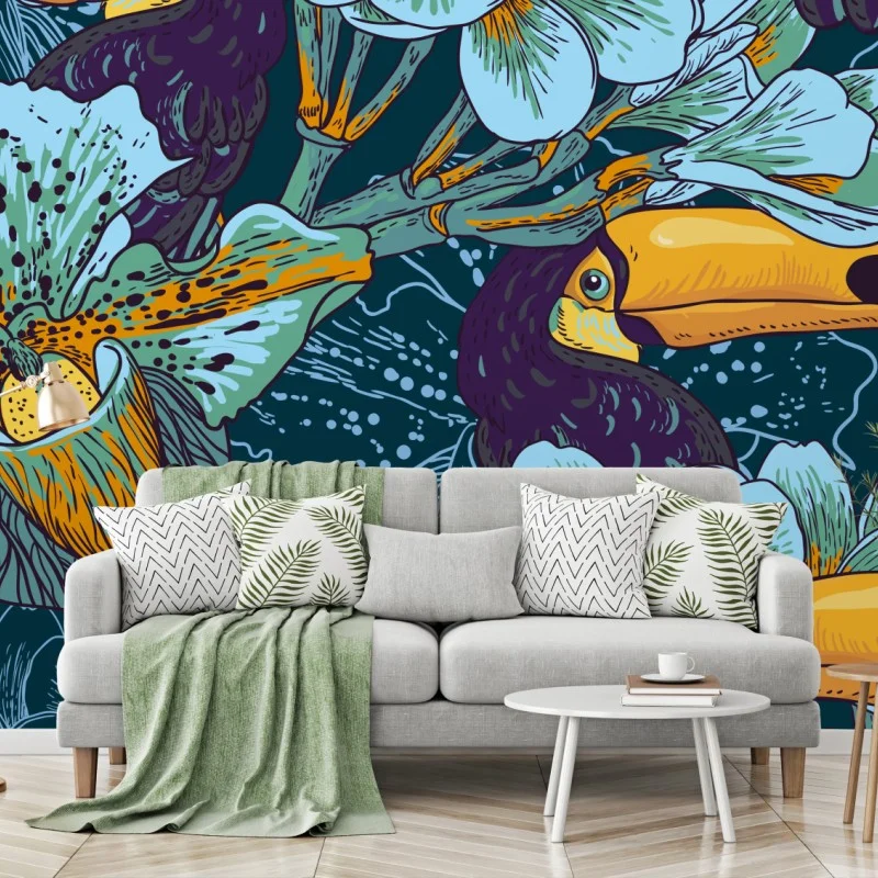 Wall mural tropical toucan floral pattern