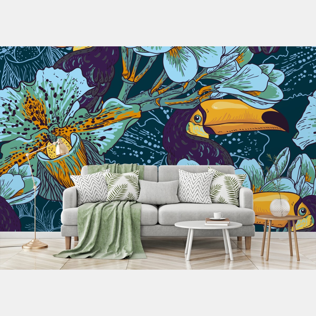 Wall mural tropical toucan floral pattern • Wallissimo®