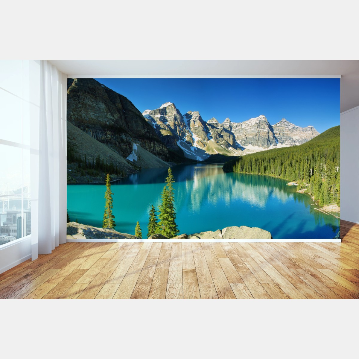 Wall mural tranquil turquoise mountain lake panorama • Wallissimo®