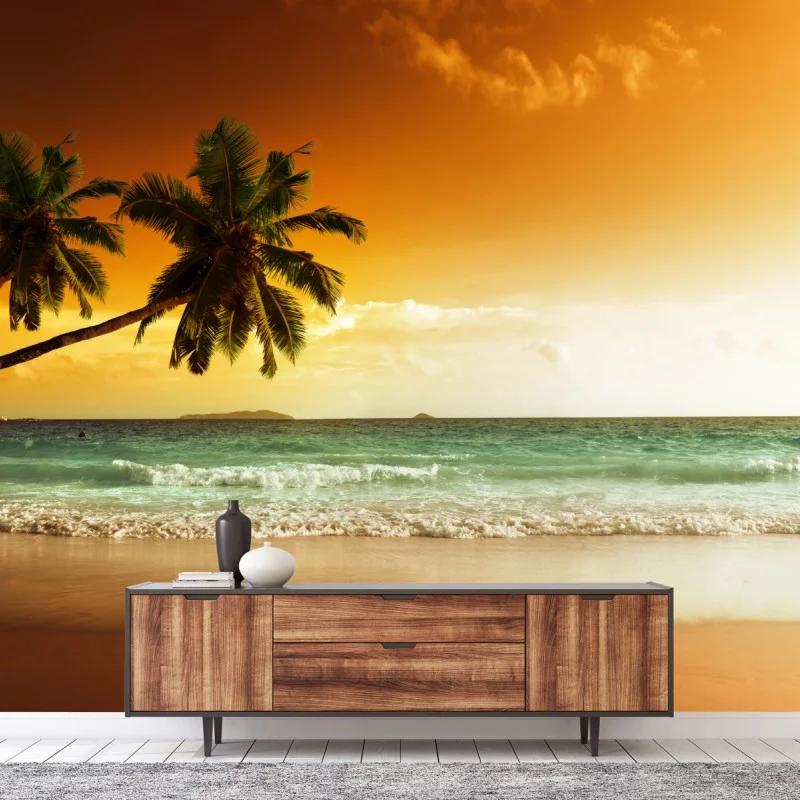 Wall mural Caribbean sunset beach with palm trees