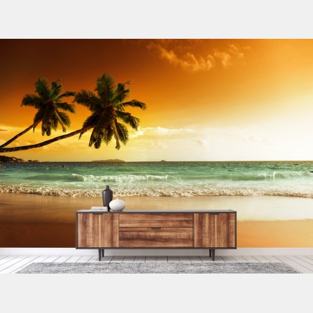 Wall mural Caribbean sunset beach with palm trees • Wallissimo®