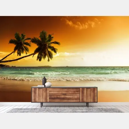 Wall mural Caribbean sunset beach with palm trees • Wallissimo®