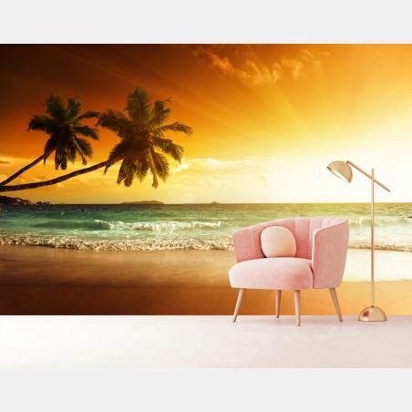 Wall mural tropical sunset over Caribbean beach • Wallissimo®