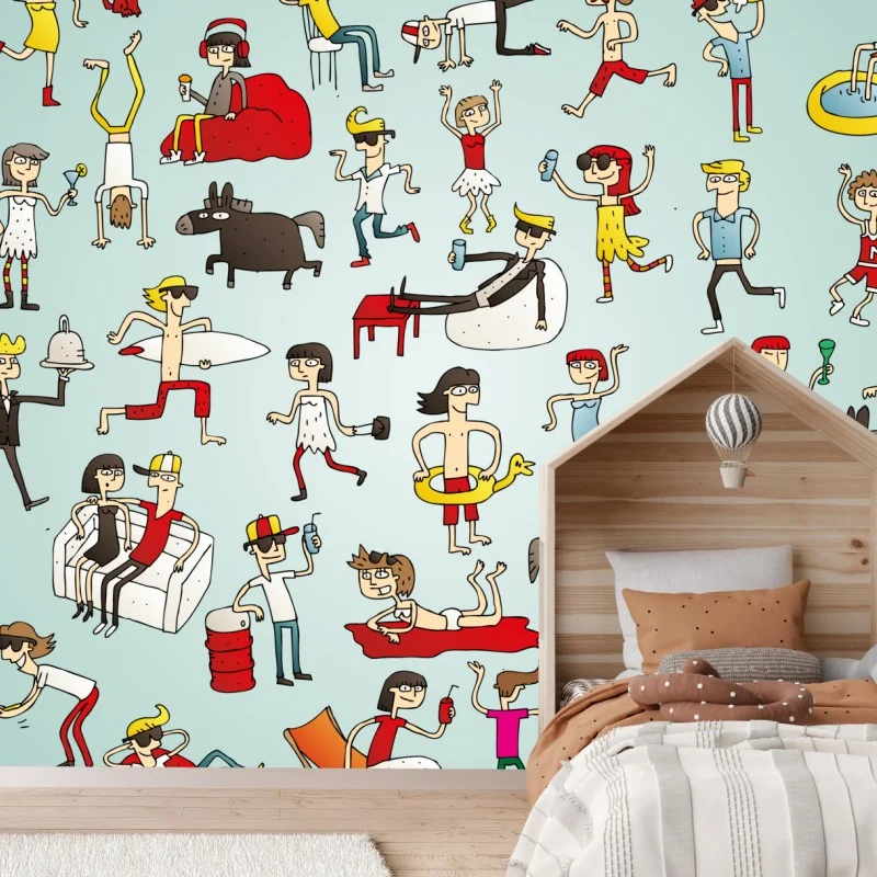 Wall mural playful cartoon crowd on turquoise background