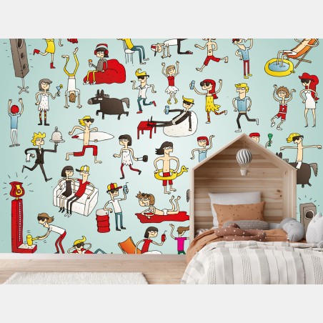 Wall mural playful cartoon crowd on turquoise background • Wallissimo®