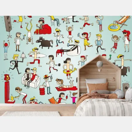 Wall mural playful cartoon crowd on turquoise background • Wallissimo®