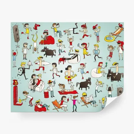Wall mural playful cartoon crowd on turquoise background • Wallissimo®