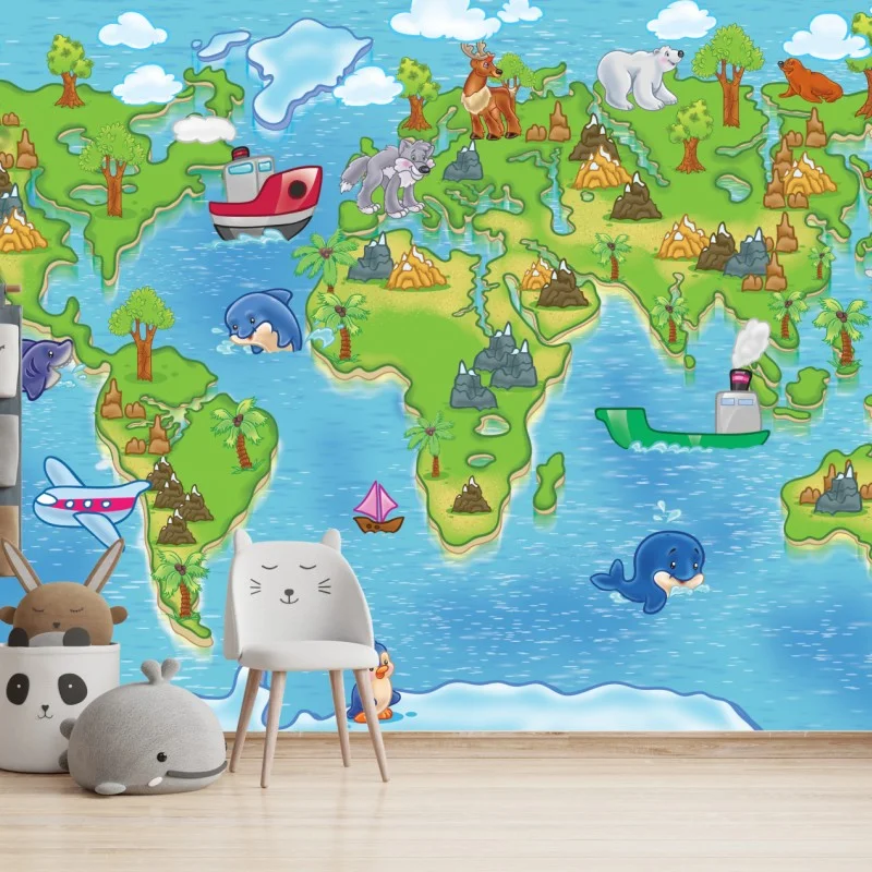 Wall mural cute cartoon world map for kids