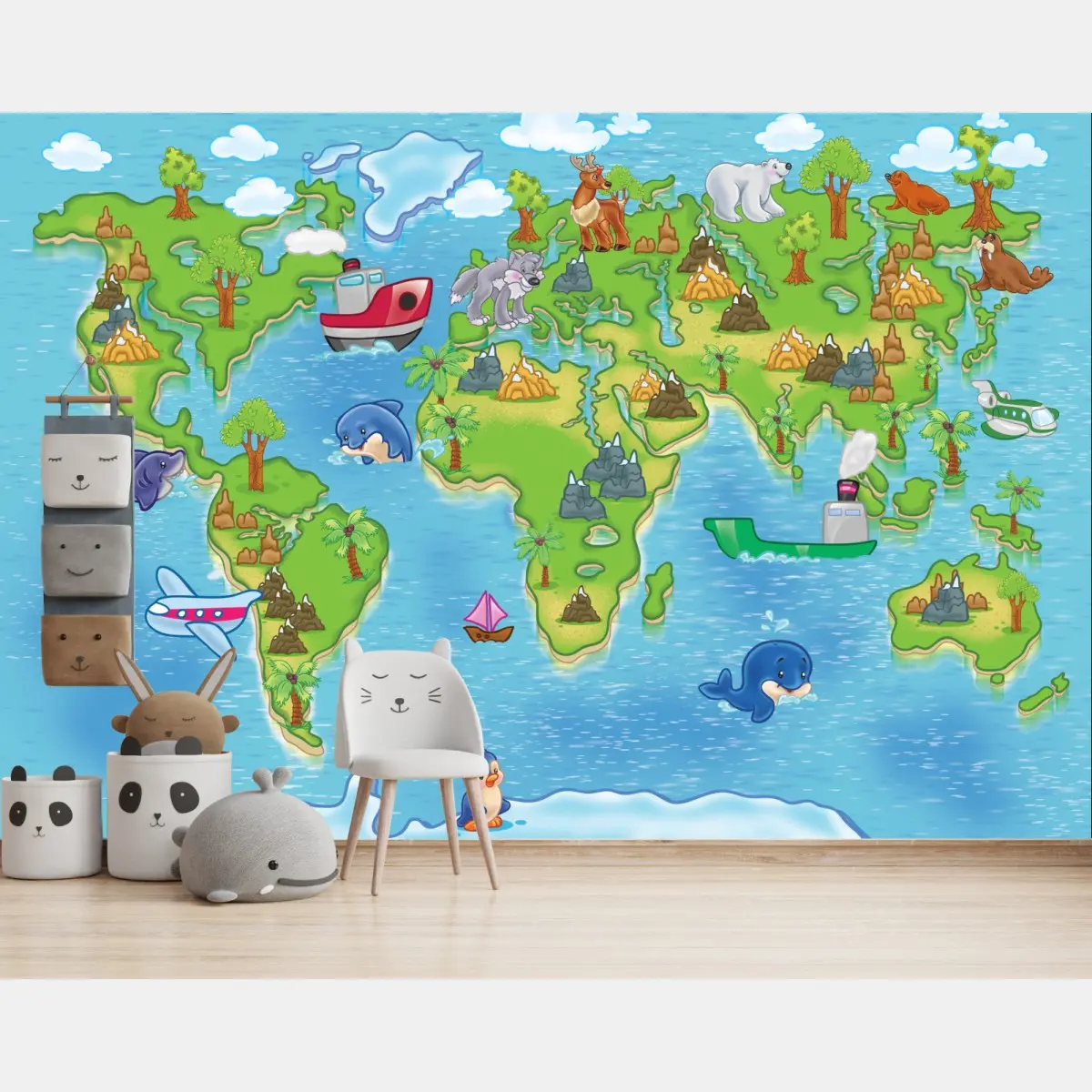 Wall mural cute cartoon world map for kids • Wallissimo®