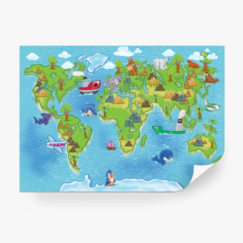 Wall mural cute cartoon world map for kids