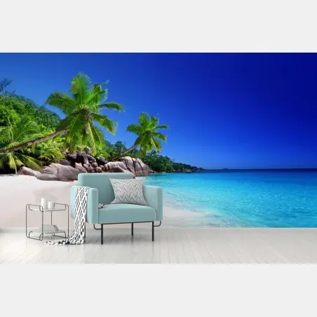 Wall mural tropical turquoise beach with palm trees • Wallissimo®