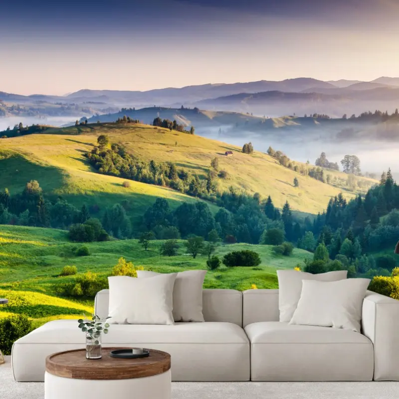 Wall mural Carpathian sunset over rolling green hills • Wallissimo®