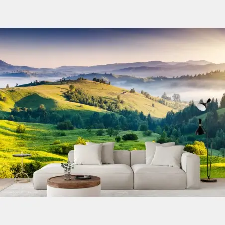 Wall mural Carpathian sunset over rolling green hills • Wallissimo®
